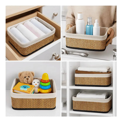 Pack x3 Canastas Cestas Organizadoras de Bambú y Tela Gris Claro - 3 tamaños