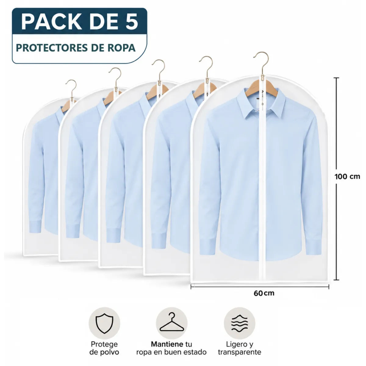 Pack x5 Protectores Fundas de Camisas Semi transparentes para Clóset Anti Polvo- 60x100 cm