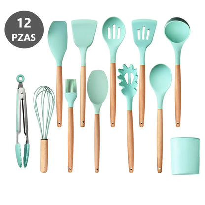 Kit de Utensilios de Cocina 12 Piezas Hecho de Silicona y Mango de Madera
