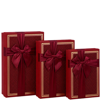Set de 3 Cajas de Regalo Rectangulares Rojas con Lazo de Satén y Detalles Dorados - 23 x 15 cm