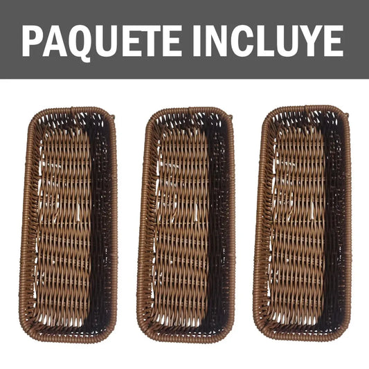 Pack x3 Porta cubiertos Rectangular de plástico tipo mimbre