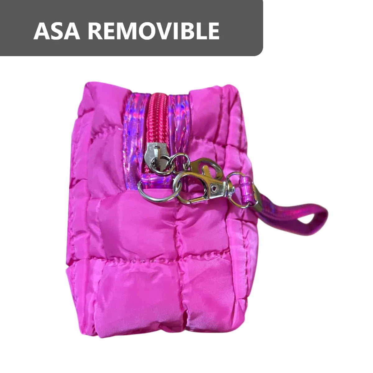 Cosmetiquera Fashion Puffer Amplia y Correa Brillante