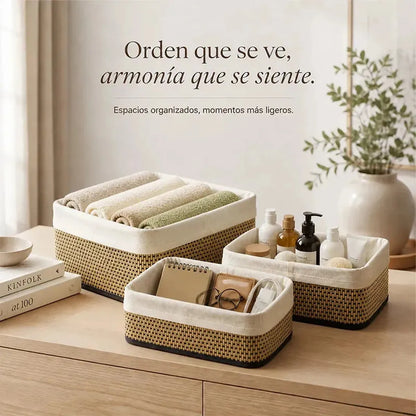 Pack x3 Canastas Cestas Organizadoras de Bambú y Tela Gris Claro - 3 tamaños