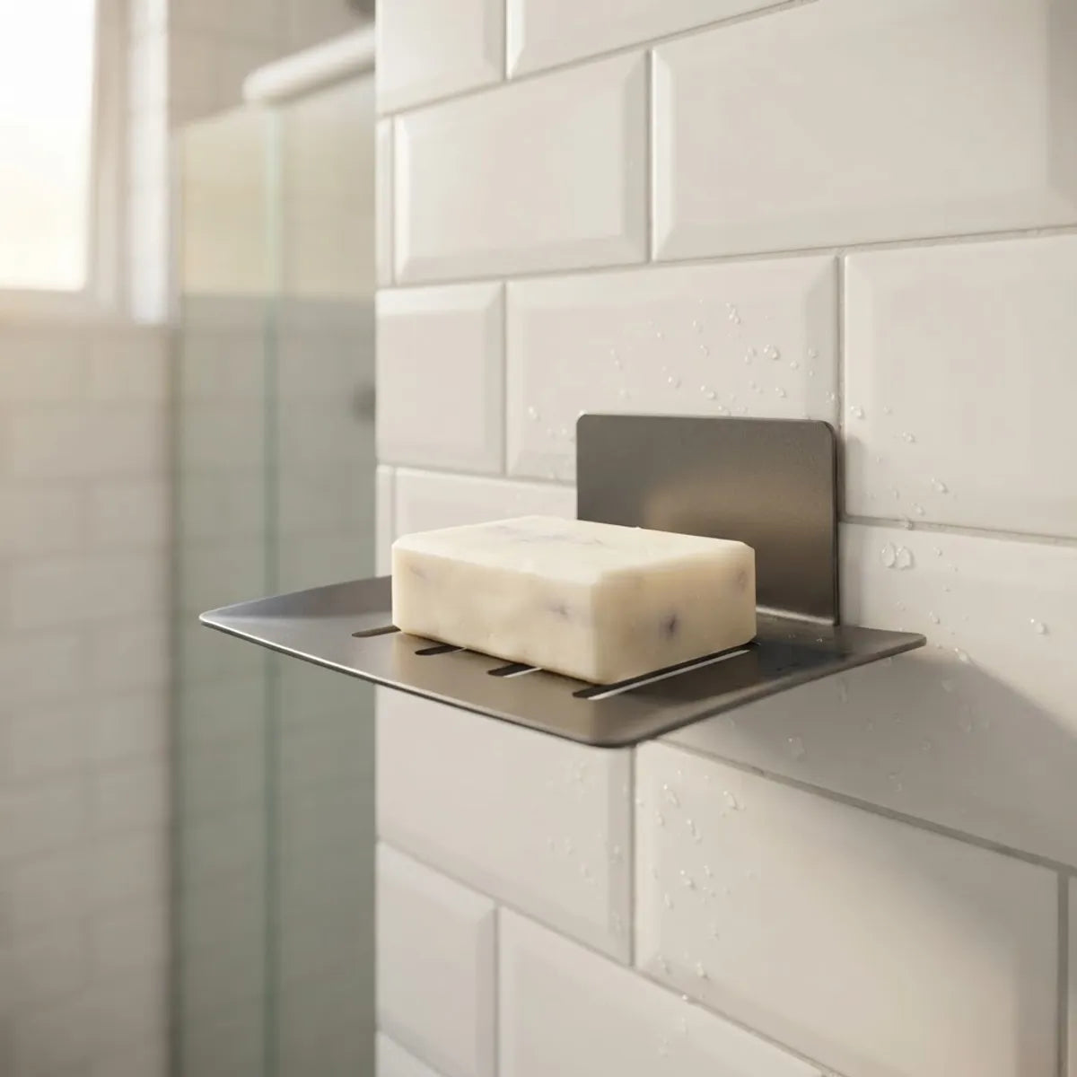 Pack de Jabonera de Pared y 2 Ganchos Adhesivos Metálicos para Baño