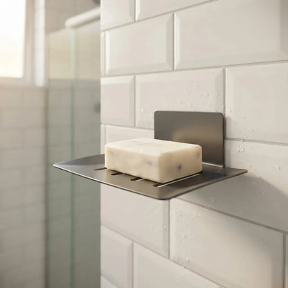 Pack de Jabonera de Pared y 2 Ganchos Adhesivos Metálicos para Baño